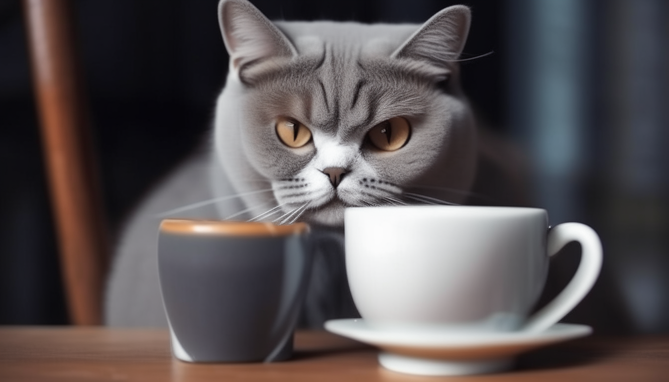 cute cat drink coffee.