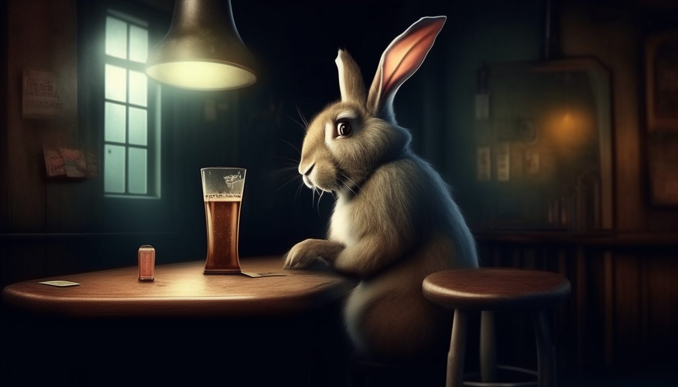 bunny drinking beer in bar table. surreal