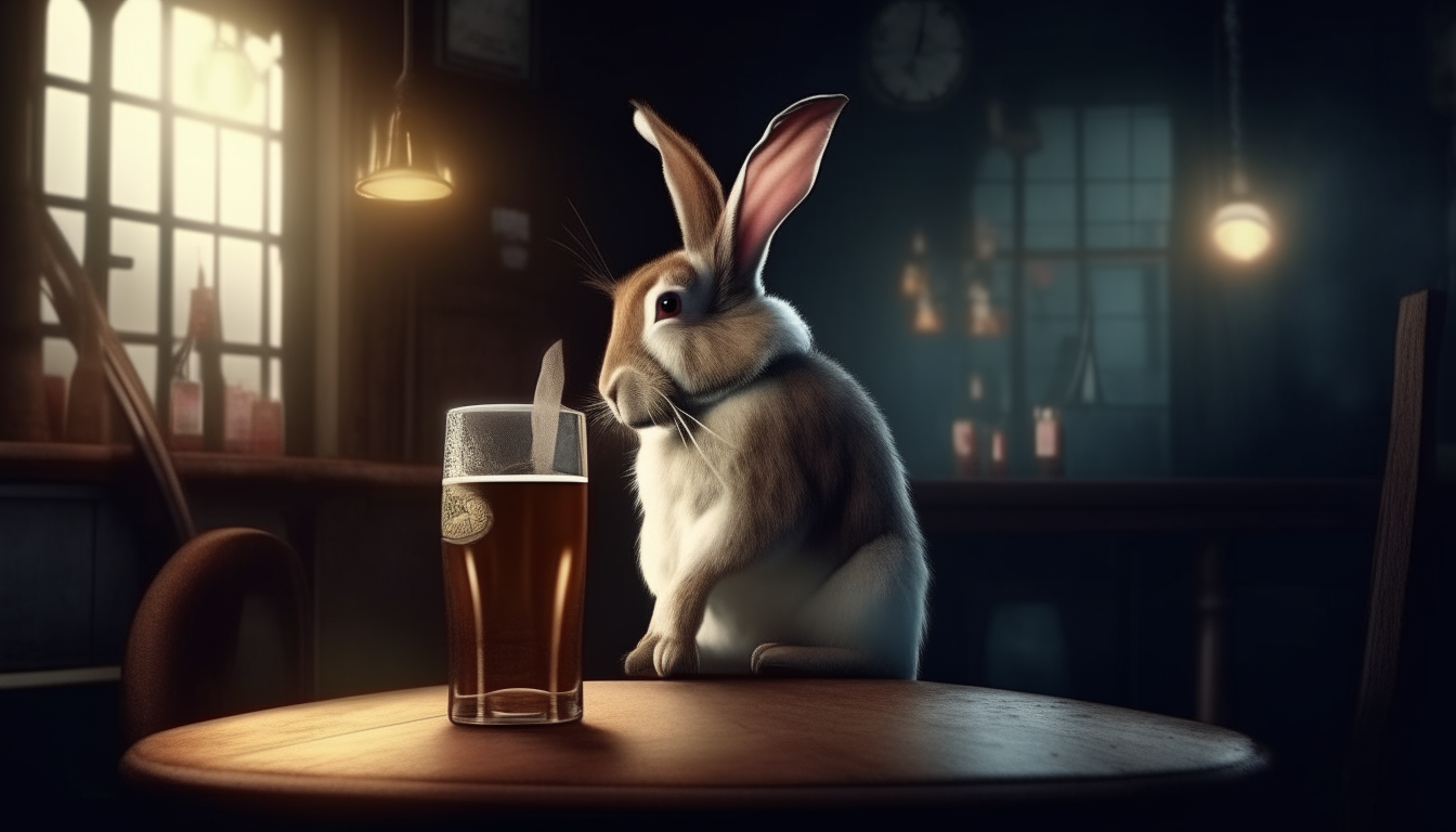 bunny drinking beer in bar table. surreal