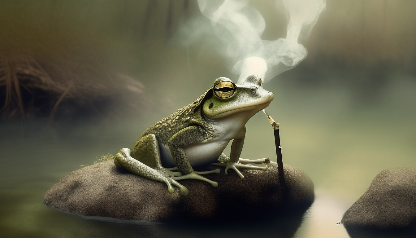 frog smoking in river. surreal.