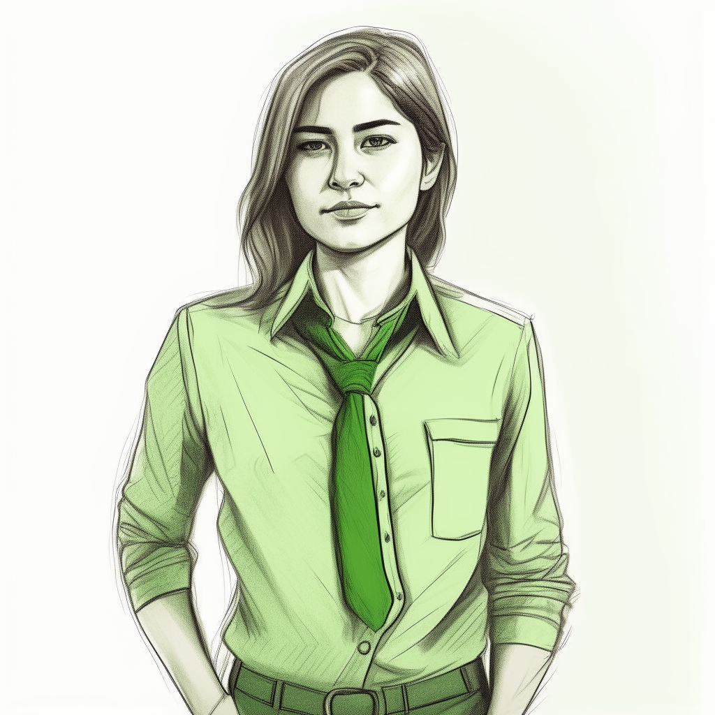 a woman wearing a green shirt and a green tie, pencil sketch art style