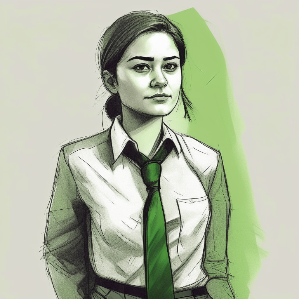 a woman wearing a green shirt and a green tie, charcoal sketch art style