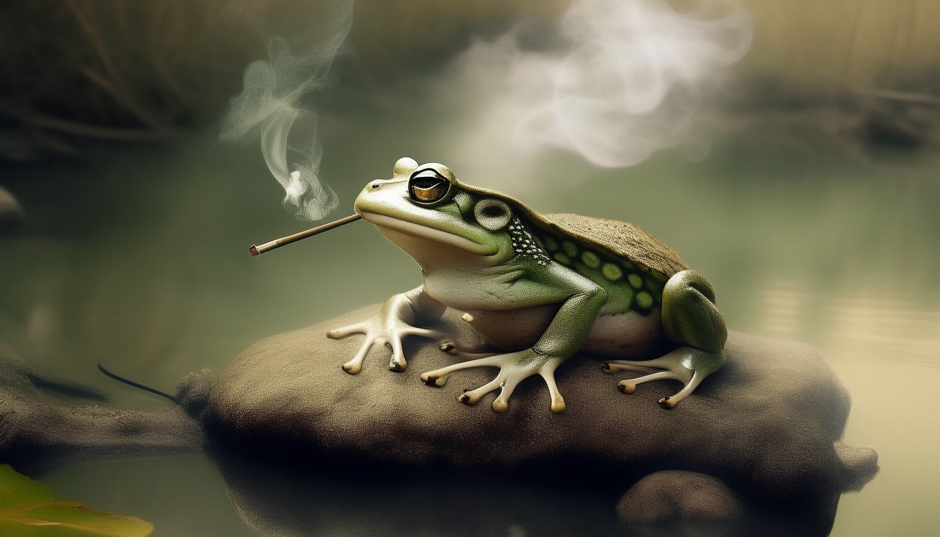 frog smoking in river. surreal.