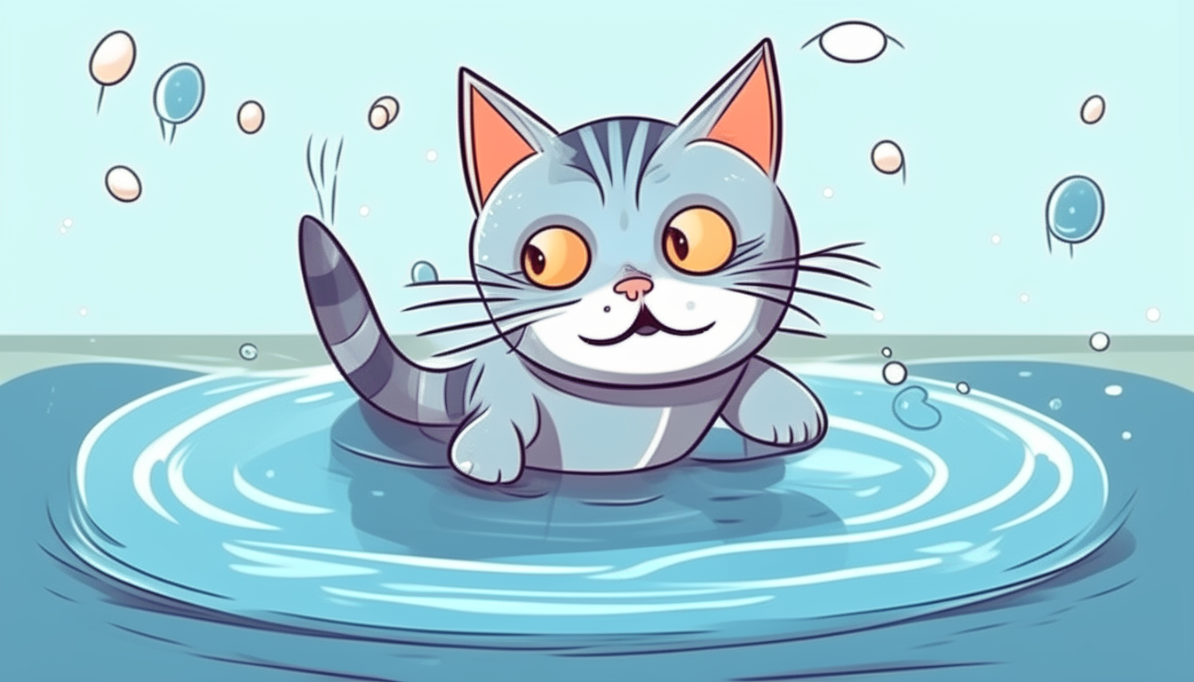 A cat is swimming. cartoon.
