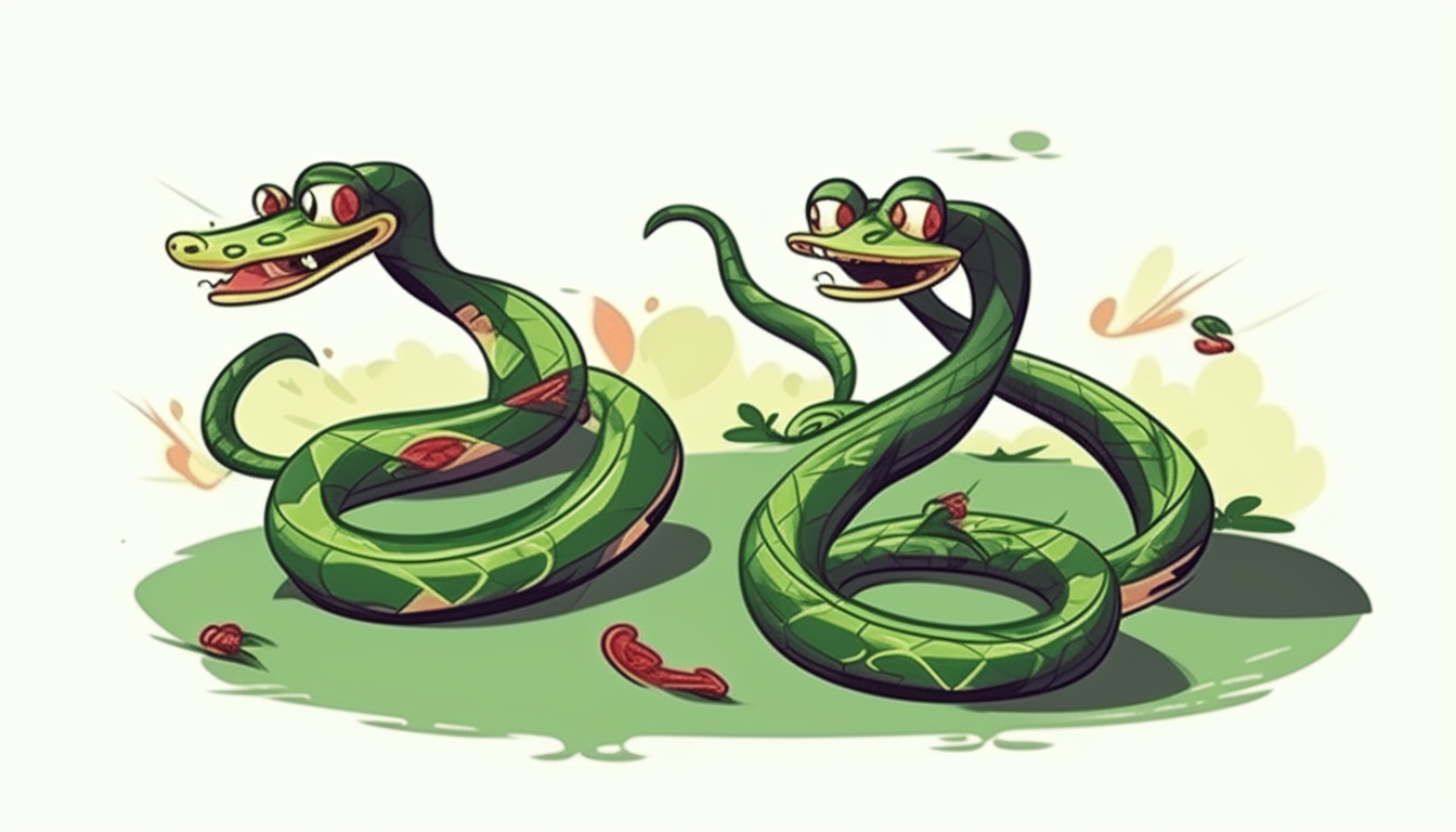 Two snakes are running. cartoon.