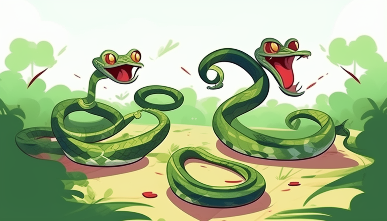 Two snakes are running. cartoon.