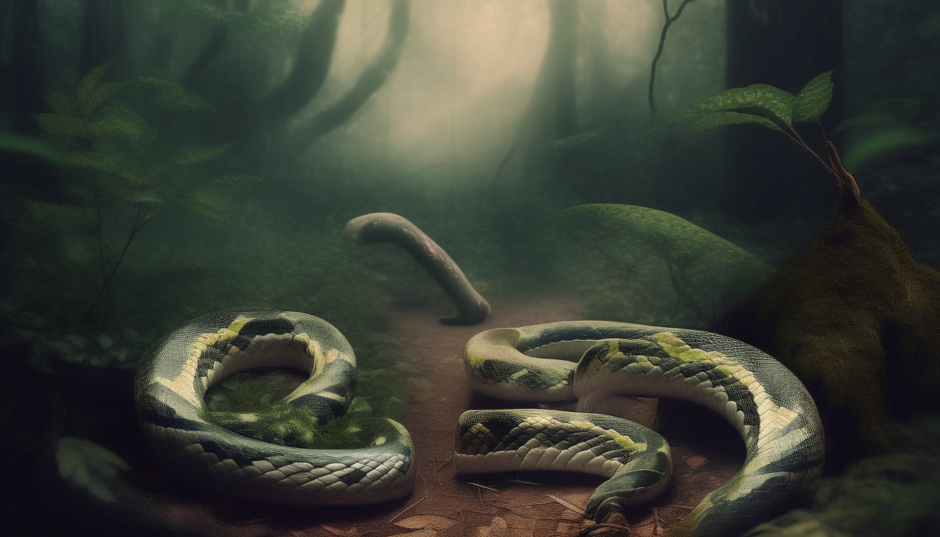 Two snakes in forest. surreal