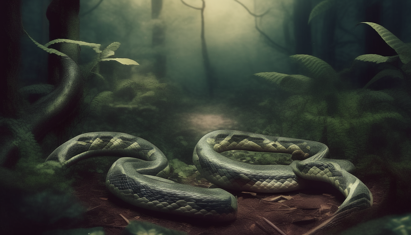 Two snakes in forest. surreal