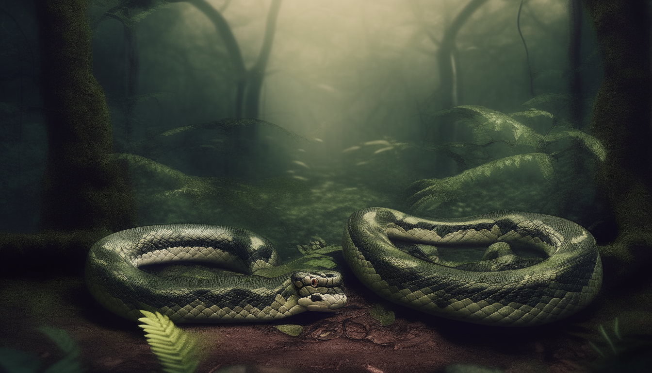 Two snakes in forest. surreal