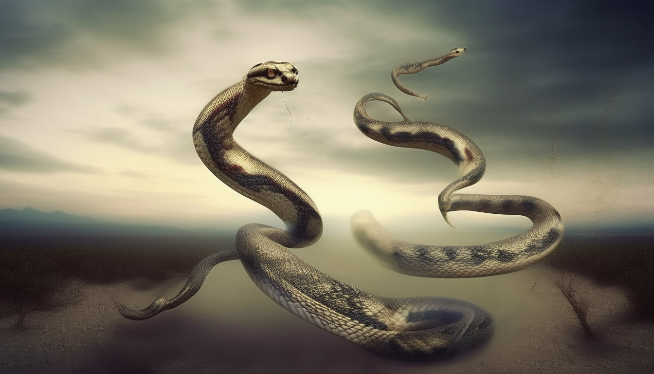Two snakes are running. surreal