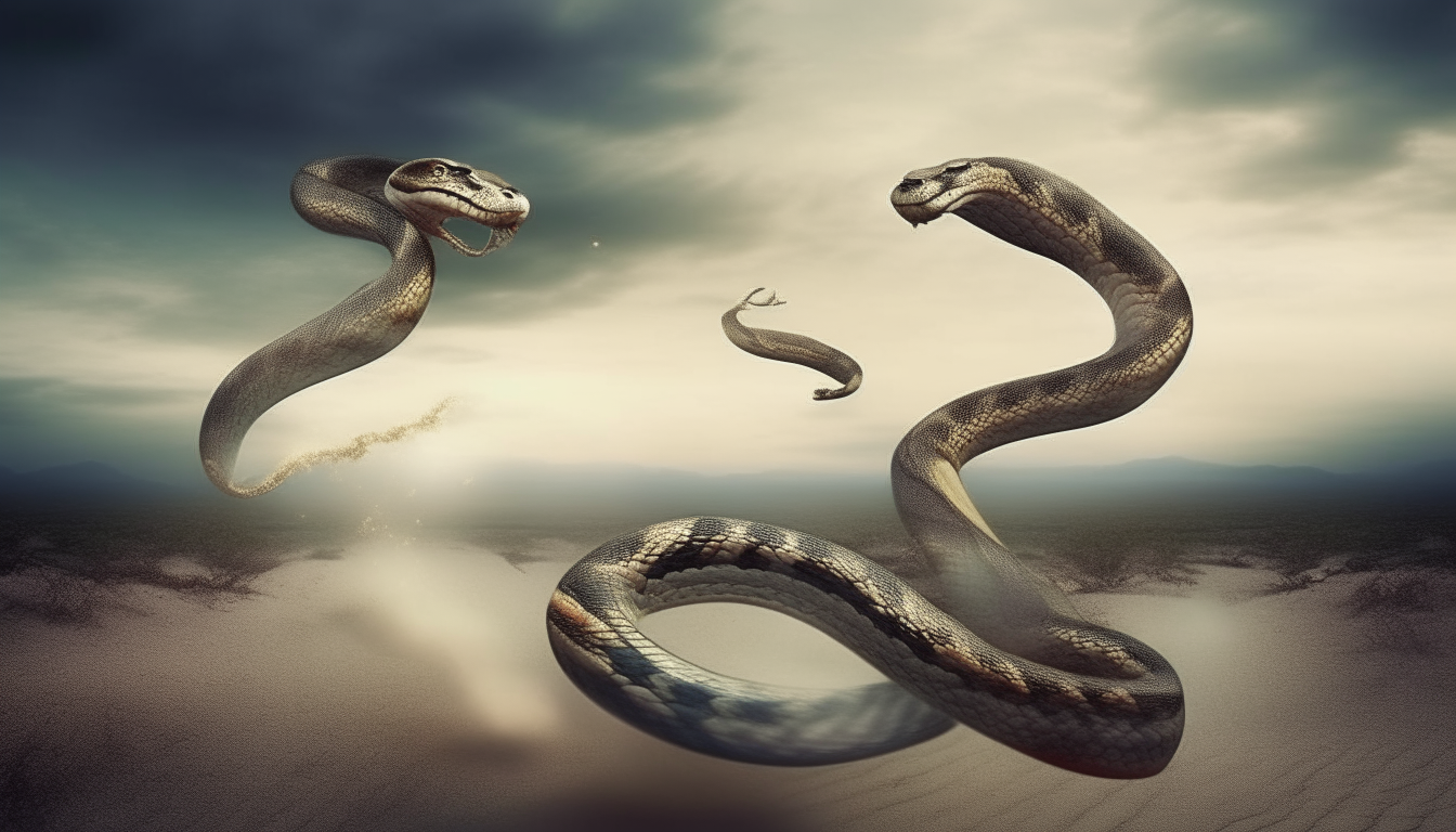 Two snakes are running. surreal