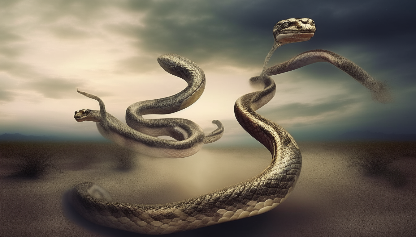 Two snakes are running. surreal