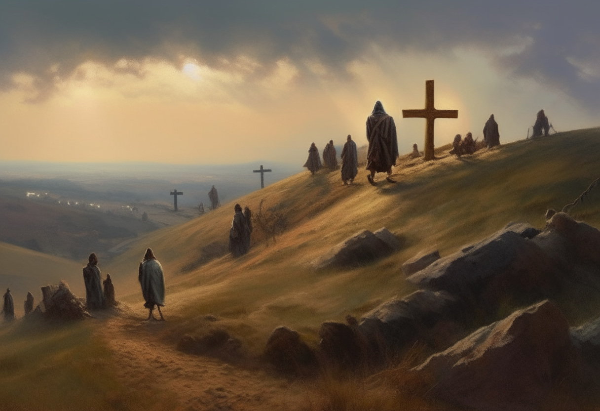 the hill of Calvary with the crosses of Christ and the two thieves in the background, photorealistic landscape painting