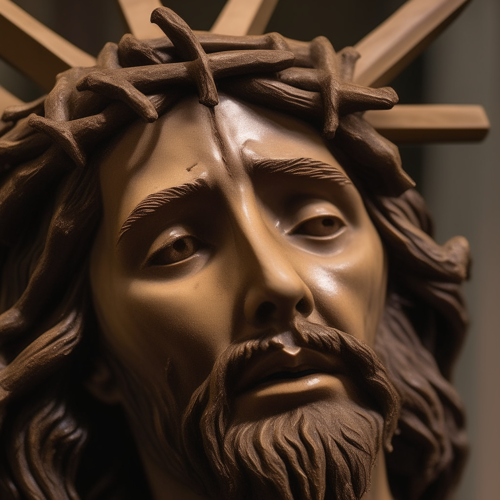 a close-up view of Jesus on the center cross, showing his face and crown of thorns