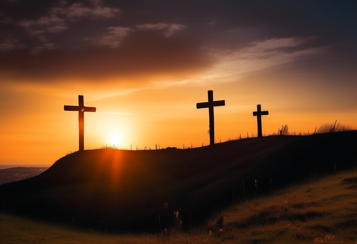 a long shot view of Calvary hill with the three crosses silhouetted against a sunset sky