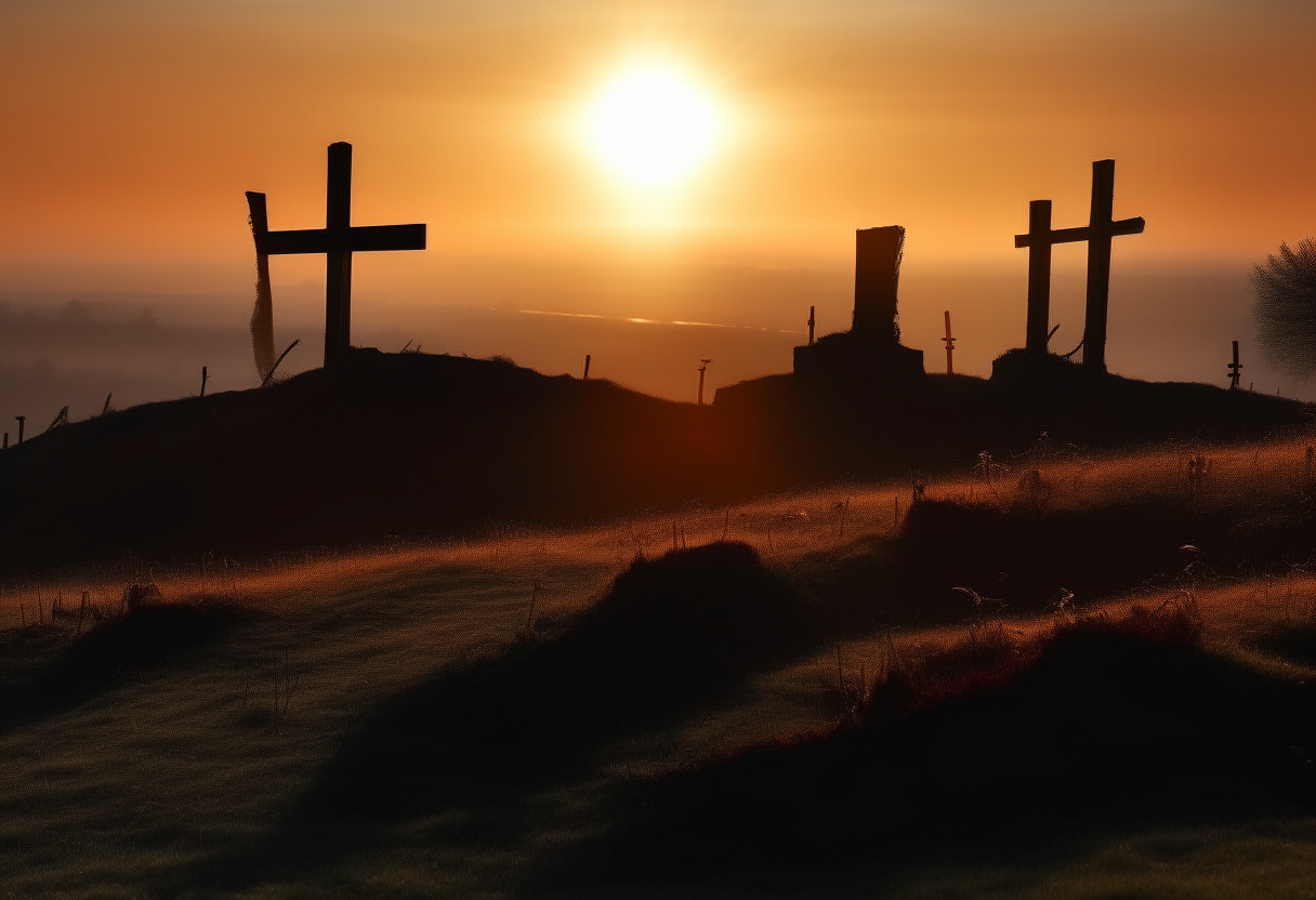 A view of Calvary at dawn with the crosses silhouetted against the rising sun