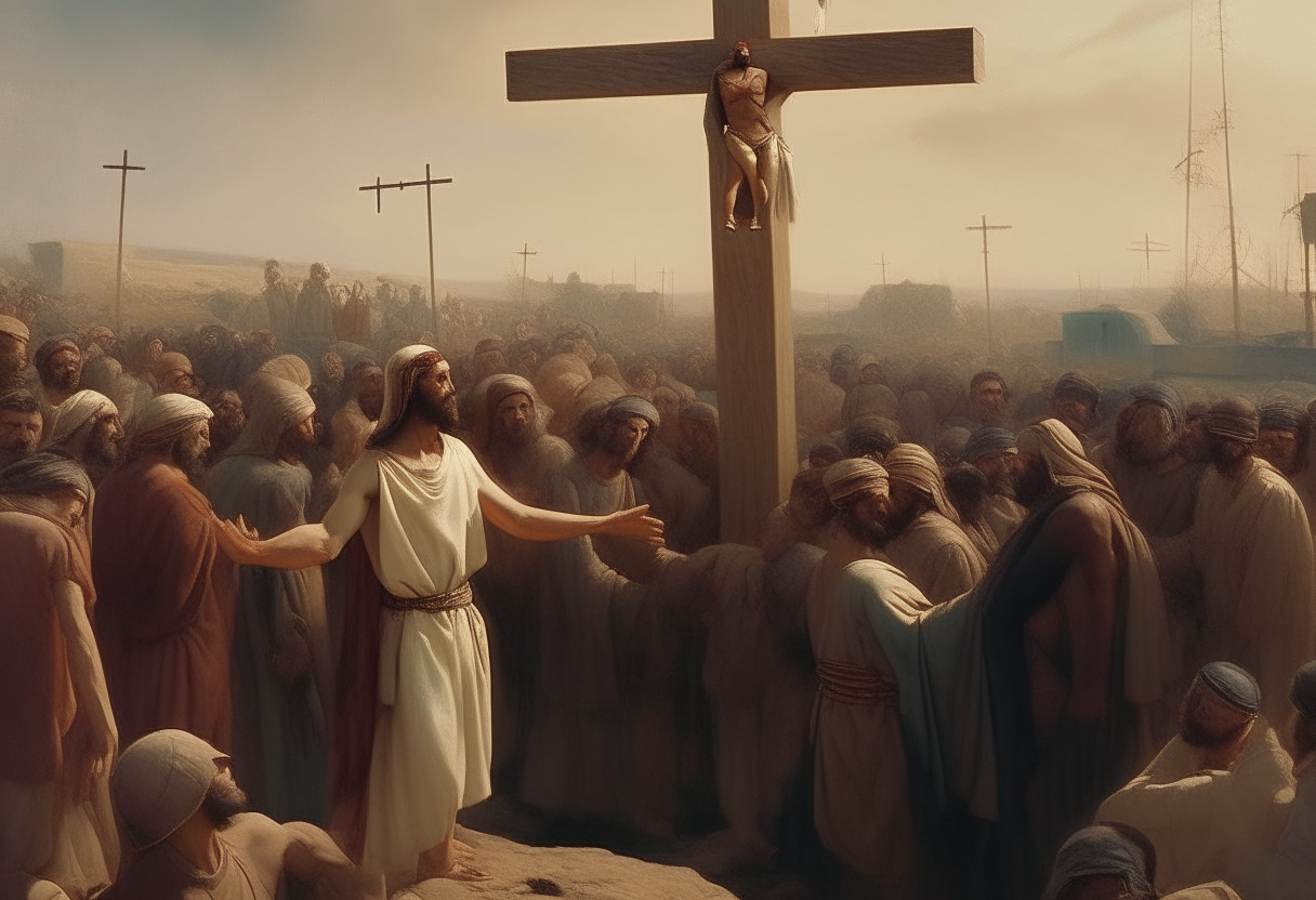 A crowd gathering at Calvary as Jesus is crucified, photorealistic historical painting style