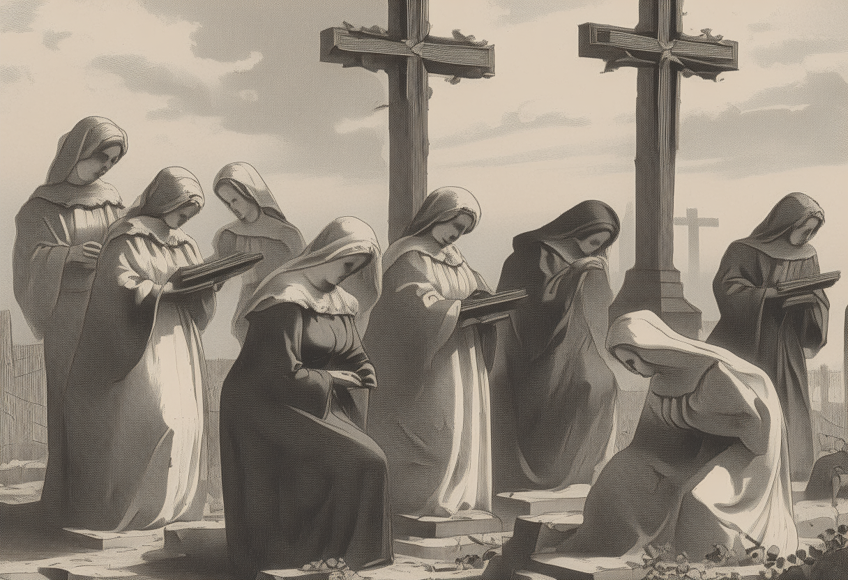 A group of women mourning at the foot of the crosses