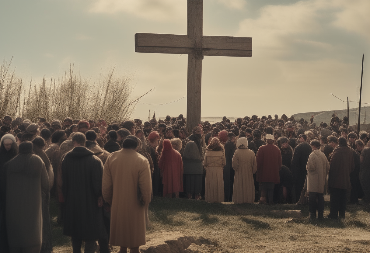 A crowd gathered at a distance, watching the crucifixion