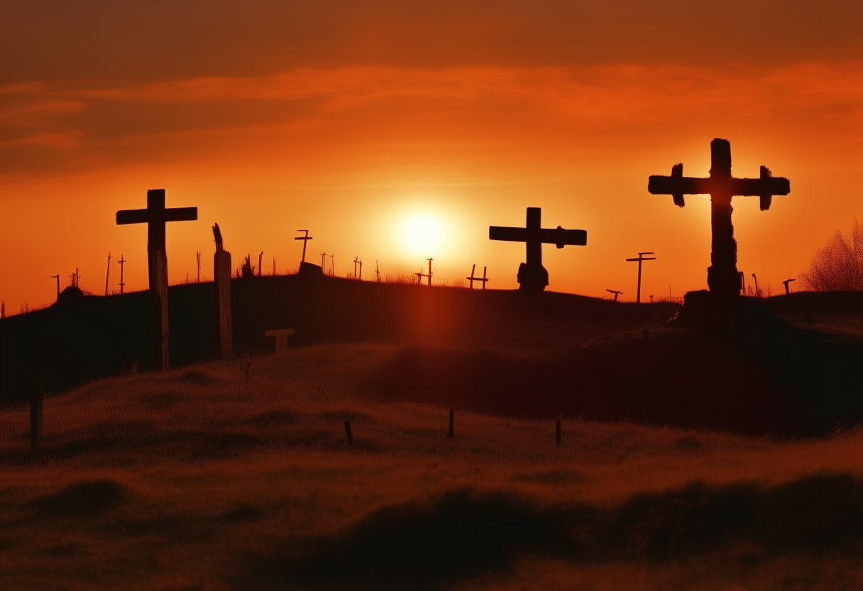 A view of Calvary at dusk, with the crosses silhouetted against an orange sky