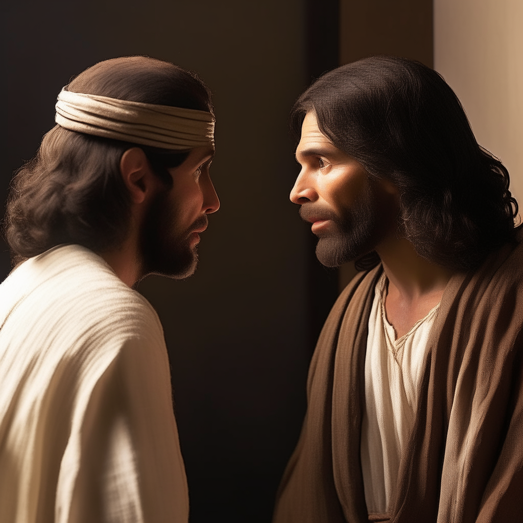 Jesus speaking to the thief on his left, both faces shown in profile view