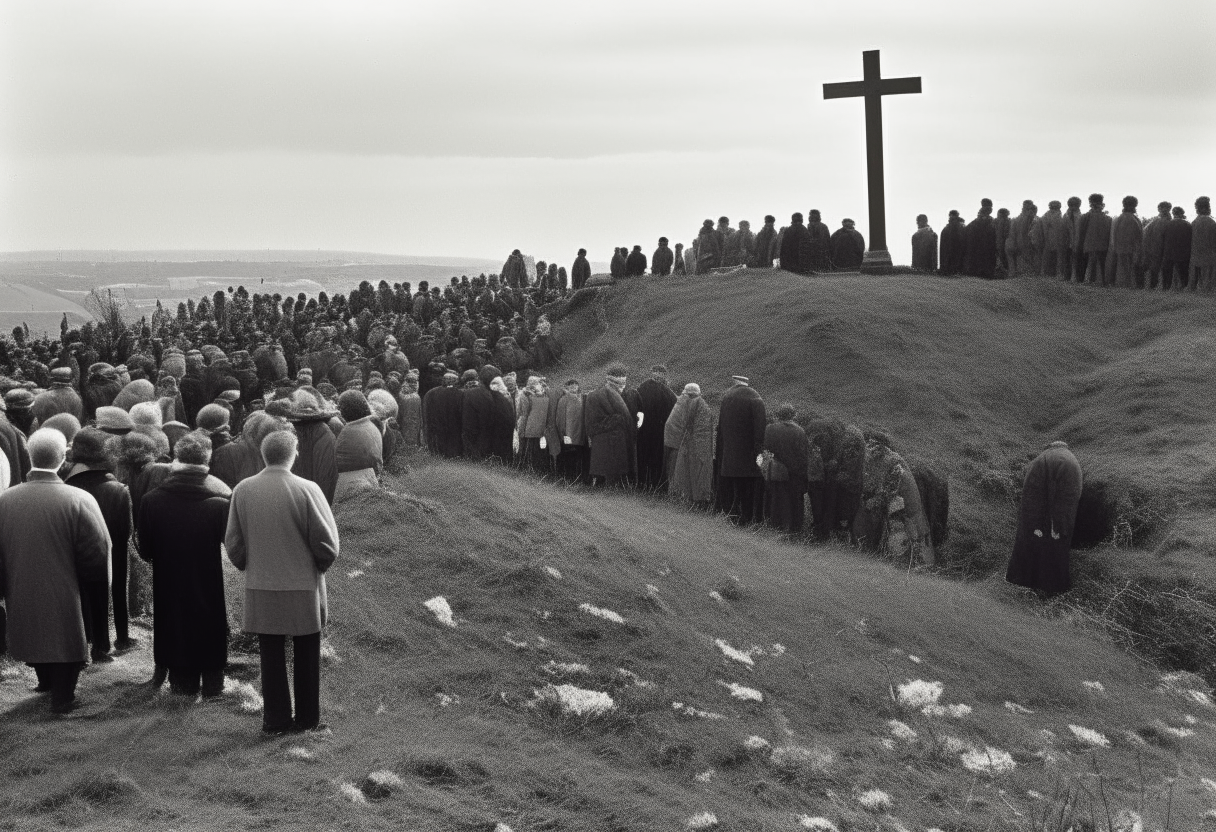 A crowd gathered at the base of the hill, looking up at the crosses in the distance