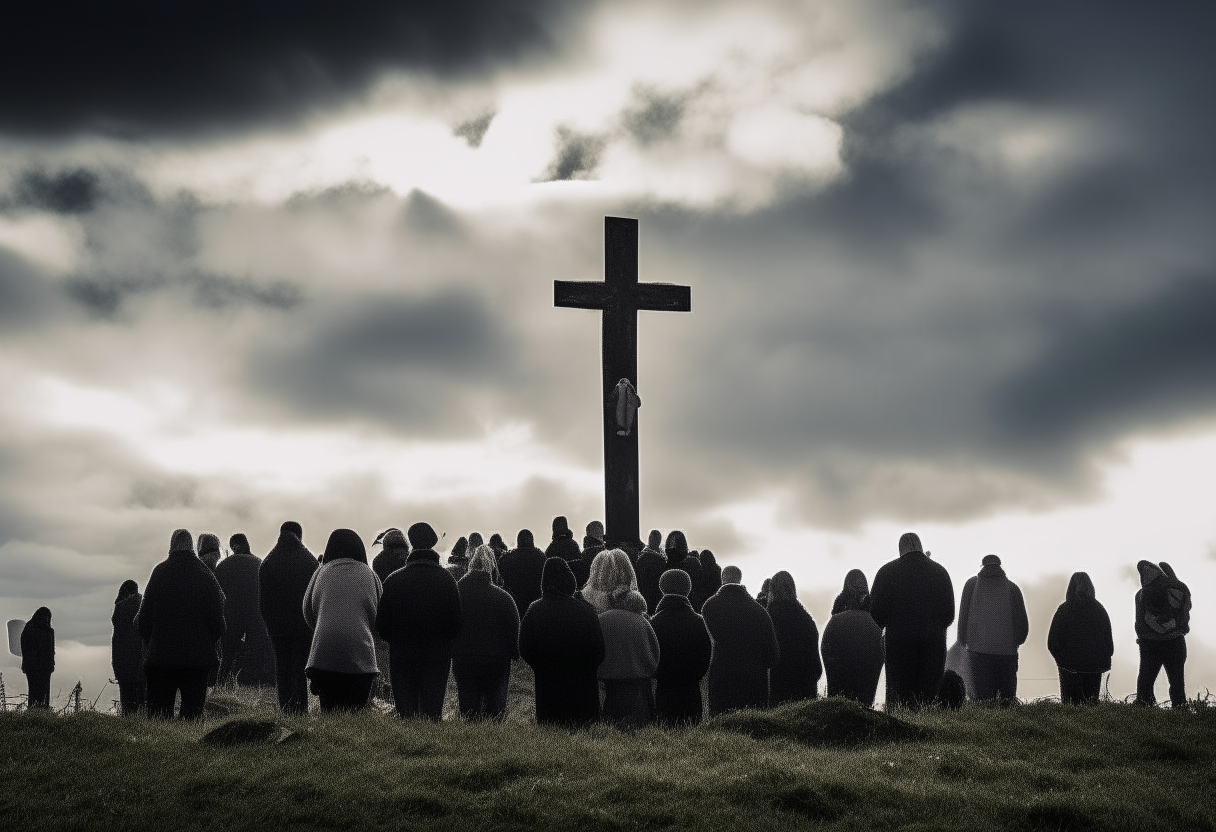 A crowd gathered at the foot of the hill, looking up at the crosses silhouetted against a cloudy sky