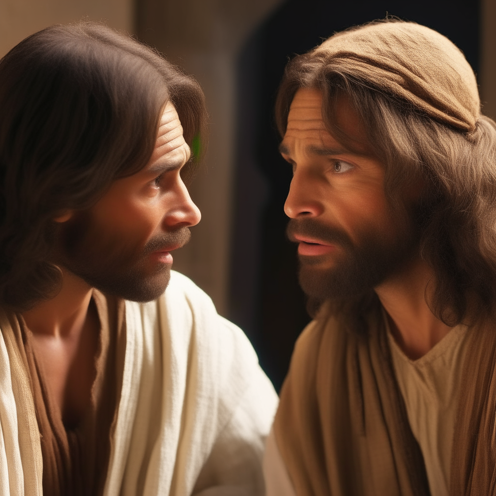 Jesus speaking to the thief on his left, both faces shown in close-up view