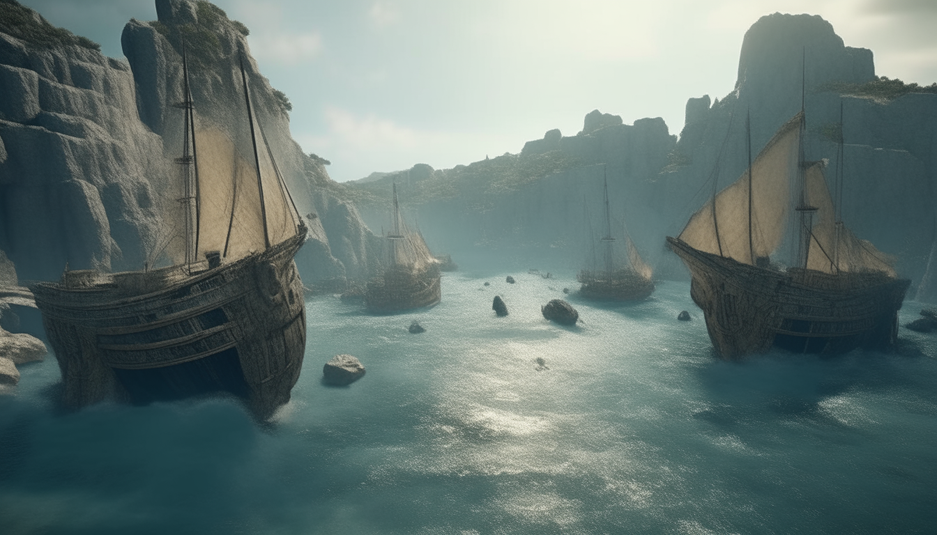 Ancient giants Lestrygons throw rocks from the reef to ancient greek ships in the natural harbour, cinematic, realistic, seen from the sea