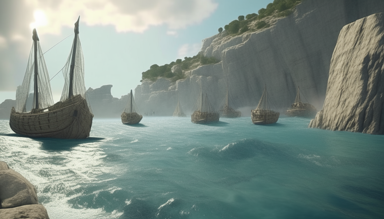 Ancient giants throw rocks from the reef to ancient greek ships in the natural harbour, cinematic, realistic, seen from the sea