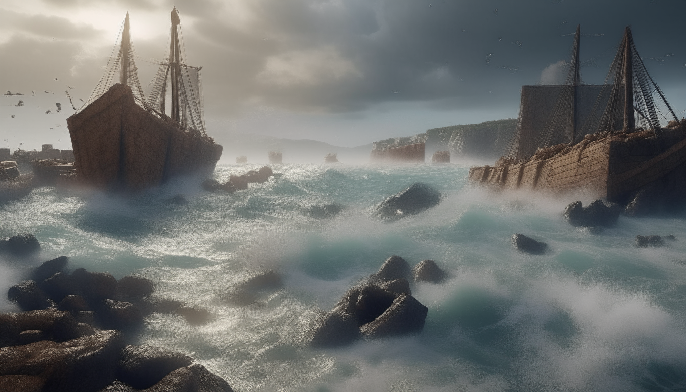 stormy weather, ancient giants throw stones from the low reef and destroy ancient greek ships in the natural harbour, cinematic, realistic