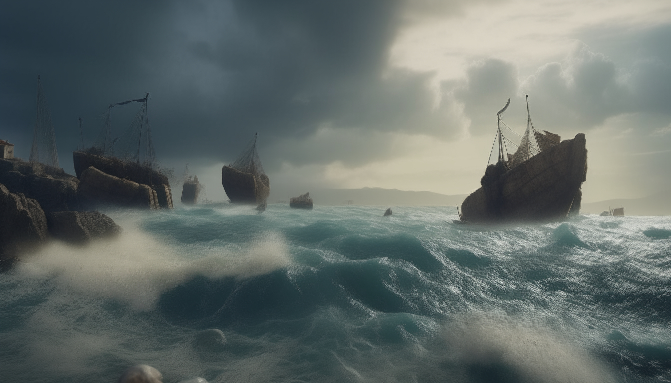 stormy weather, ancient giants throw stones from the reef to ancient greek ships in the natural harbour, cinematic, realistic, seen from the sea