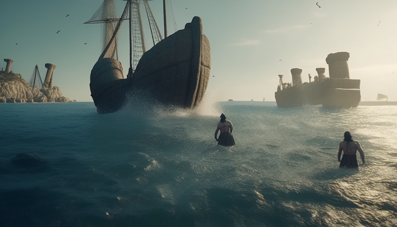 giants throw stones form the reef into the sea with an ancient greek ship in the distance, cinematic