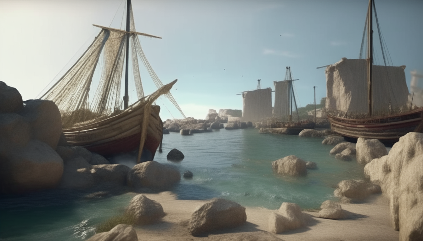 ancient giants throw stones from the reef to an ancient Greek ship in the natural harbor, cinematic, realistic