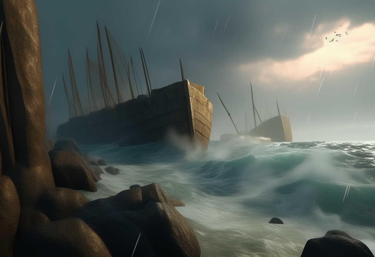 iron age gints throw huge stones from the reef to the ancient greek ship into the sea, stormy weather, cinematic, highly detailed, realistic
