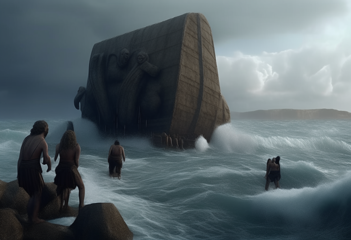 iron age giants throw huge stones from the reef to the ancient greek ship into the sea, stormy weather, cinematic, highly detailed, realistic, seen from behind the giant
