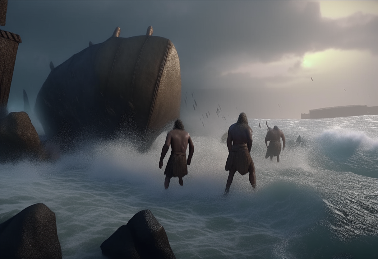 iron age giants throw huge stones from the reef to the greek ship into the sea, stormy weather, cinematic, highly detailed, realistic, behind the giant
