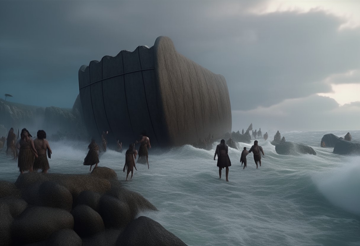 iron age giants throw huge stones from the high 
reef to the greek ship into the sea, stormy weather, cinematic, highly detailed, realistic, behind the giant
