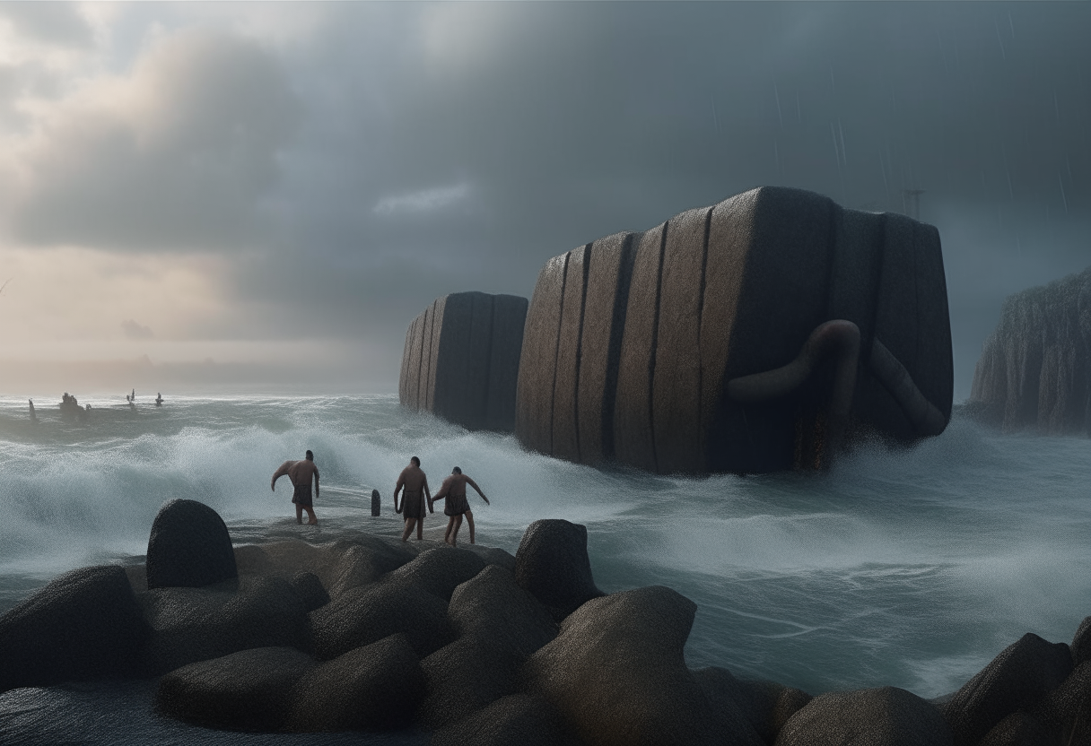 iron age giants throw huge stones from the high 
reef to the greek ship far away into the sea, stormy weather, cinematic, highly detailed, realistic, behind the giant
