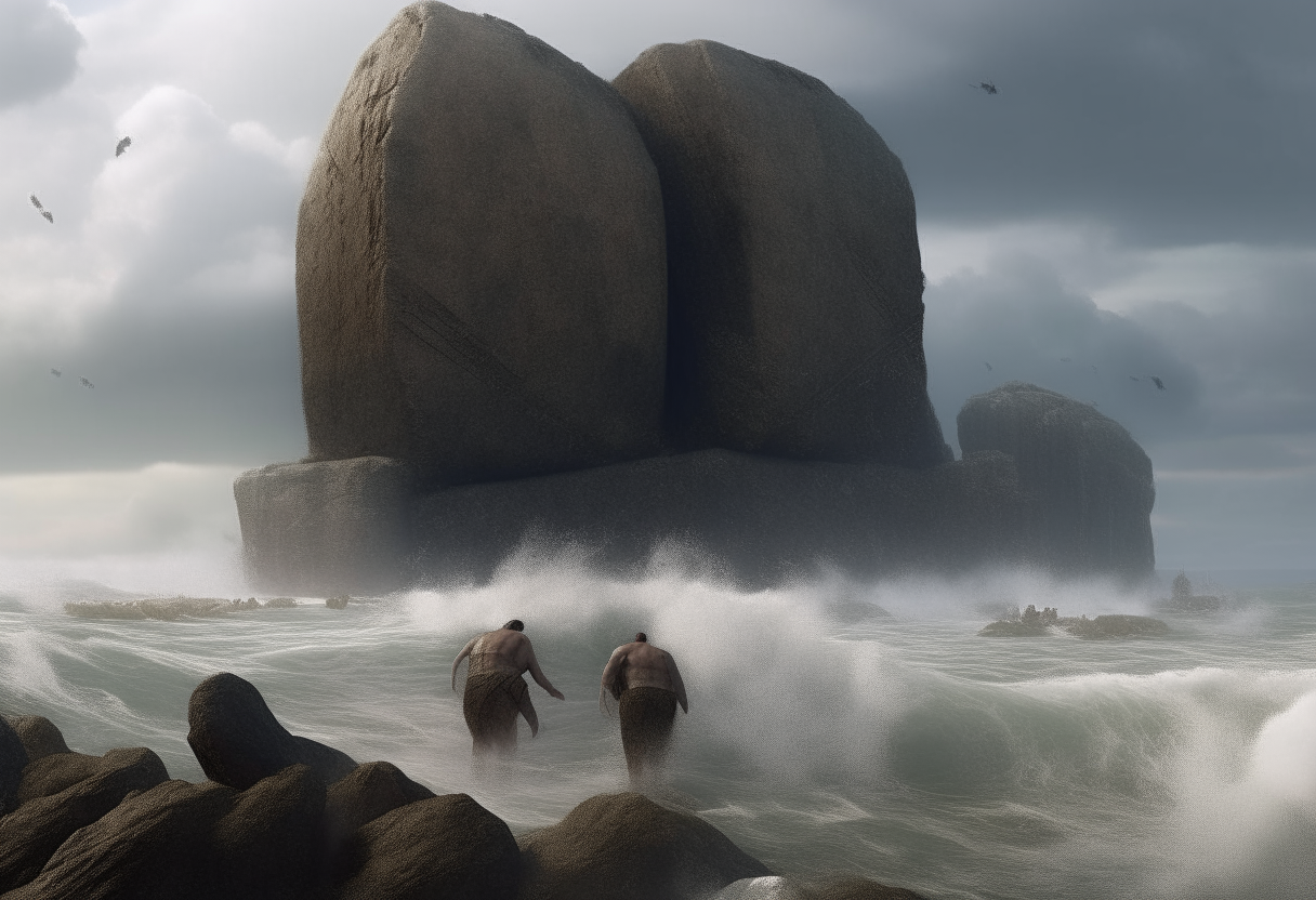 iron age giants throw huge stones from the high 
reef into the sea, stormy weather, cinematic, highly detailed, realistic, behind the giant
