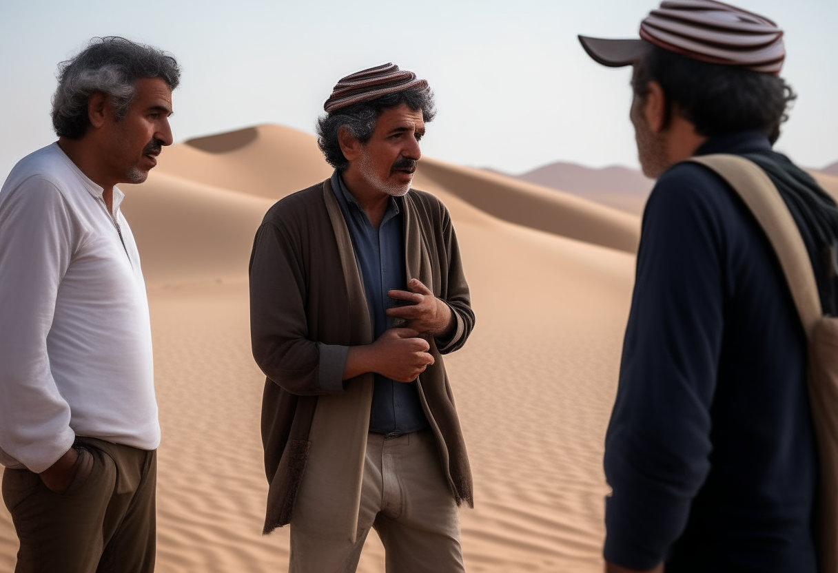 a man talking  with people in the desert 