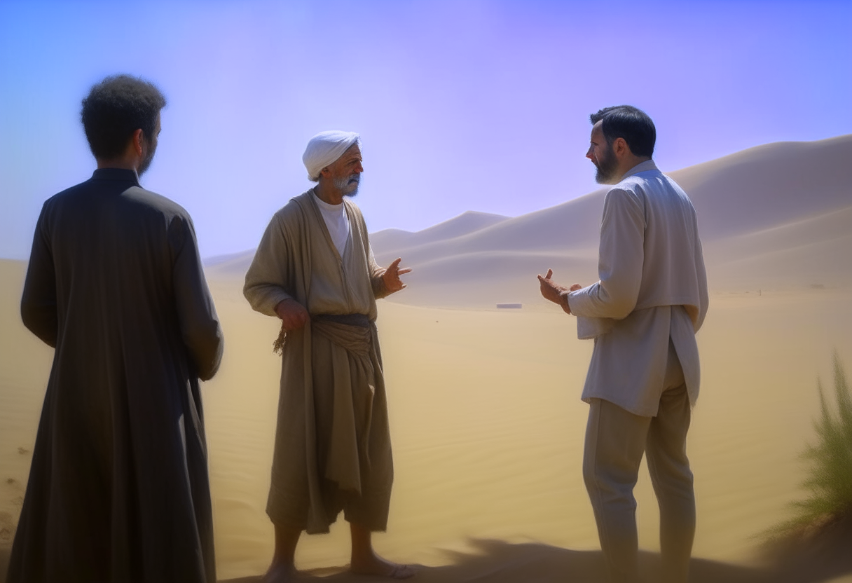 A man talking with people in the desert 