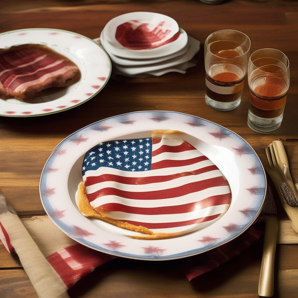 icture a rustic wooden table adorned with a vintage American flag tablecloth. Centered upon this is a pristine white plate, where crisped turkey bacon sits in a tantalizing arrangement, golden-brown with edges curled like a morning smile. These strips of lean protein glisten under the warm kitchen light, whispering of tradition and modern health consciousness. Beside the plate, a cluster of bright red cherry tomatoes adds a splash of color, and a delicate sprig of parsley rests atop the bacon, a nod to freshness. In the background, a small pot of honey and a butter knife lie within arm's reach, suggesting a sweet and savory fusion. It's a homage to American ingenuity—old flavors in new times.