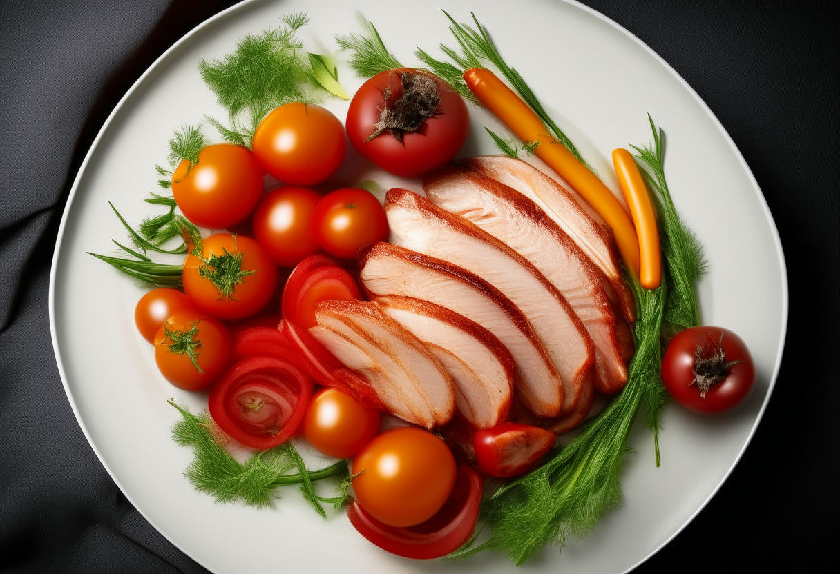 ristine white plate, where crisped turkey bacon sits in a tantalizing arrangement, golden-brown with edges curled like a morning smile. These strips of lean protein glisten under the warm kitchen light, whispering of tradition and modern health consciousness. Beside the plate, a cluster of bright red cherry tomatoes adds a splash of color, and a delicate sprig of parsley rests atop the bacon, a nod to freshness. In the background, a small pot of honey and a butter knife lie within arm's reach, suggesting a sweet and savory fusion. It's a homage to American ingenuity—old flavors in new times.
