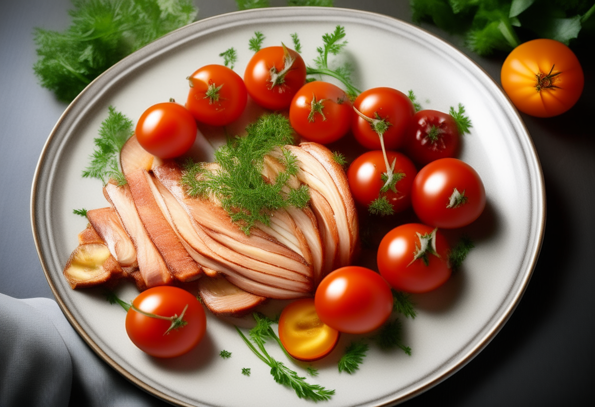 ristine white plate, where crisped turkey bacon sits in a tantalizing arrangement, golden-brown with edges curled like a morning smile. These strips of lean protein glisten under the warm kitchen light, whispering of tradition and modern health consciousness. Beside the plate, a cluster of bright red cherry tomatoes adds a splash of color, and a delicate sprig of parsley rests atop the bacon, a nod to freshness. In the background, a small pot of honey and a butter knife lie within arm's reach, suggesting a sweet and savory fusion. It's a homage to American ingenuity—old flavors in new times.
