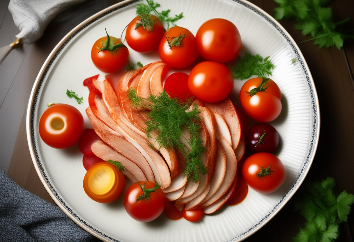 ristine white plate, where crisped turkey bacon sits in a tantalizing arrangement, golden-brown with edges curled like a morning smile. These strips of lean protein glisten under the warm kitchen light, whispering of tradition and modern health consciousness. Beside the plate, a cluster of bright red cherry tomatoes adds a splash of color, and a delicate sprig of parsley rests atop the bacon, a nod to freshness. In the background, a small pot of honey and a butter knife lie within arm's reach, suggesting a sweet and savory fusion. It's a homage to American ingenuity—old flavors in new times.
