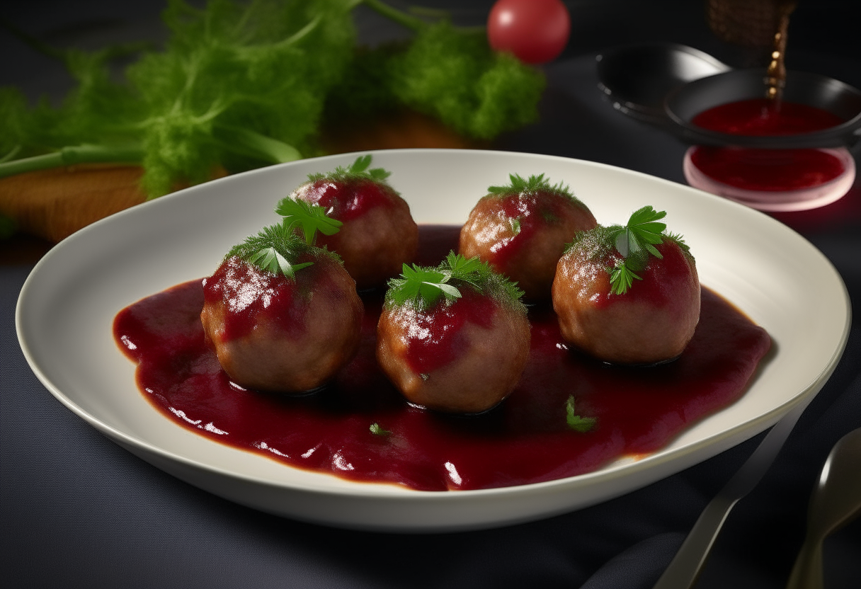 Envision a pristine, white circular plate cradling a duo of perfectly browned turkey meatballs, exuding a rustic charm. These succulent spheres boast a slight crisp on their surface, adorned with a delicate brushing of rich, dark cranberry BBQ sauce that gives off a glossy sheen. They are nestled on a bed of fresh, green parsley with a backdrop of the American flag, gently folded and placed to the side of the plate as a placemat. A silver fork with an intricate design indicative of American craftsmanship lies next to an antique napkin ring holding a navy-blue cloth napkin, signifying elegance and patriotism. Around the plate, scattered whole cranberries and a sprig of rosemary add a touch of seasonal flair, celebrating the harvest and America's agricultural abundance. The lighting is warm, creating a homely and inviting ambiance around this symbol of American culinary culture.