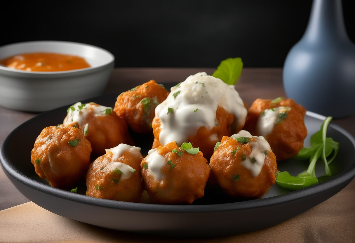 Imagine a rustic American kitchen table featuring a white ceramic platter of air fryer buffalo chicken meatballs, their exterior glistening with a tangy, fiery buffalo sauce that hints at a balance of spice and flavor. The meatballs are nestled atop a bed of fresh, crisp celery sticks, echoing the traditional accompaniment of buffalo wings. Beside them, a small bowl of creamy blue cheese dressing offers a cooling contrast. Garnished with a sprinkle of chives and a side of carrot sticks, the plate reflects a modern twist on a classic American favorite, inviting a dive into a dish that's as much about the experience as it is about taste. The scene is completed with a backdrop of an American flag, symbolizing the dish's roots in the culinary heritage of the USA.