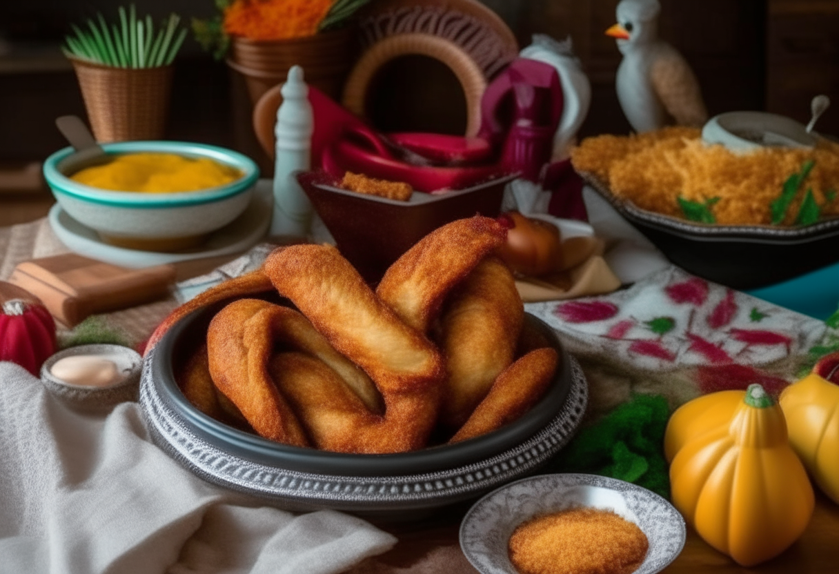 FRIED CHICKEN FAJITAS IN AN AMERICAN STYLE KITHCEN WITH HANKSGIVING DECORATIONS AROUND
