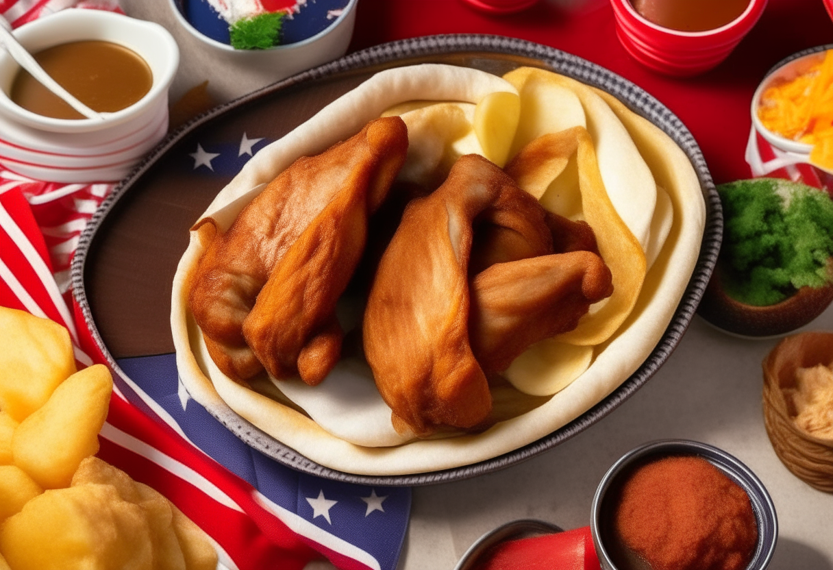 FRIED CHICKEN FAJITAS IN AN AMERICAN STYLE KITHCEN AND AMERICAN GFLAGS AROUND

